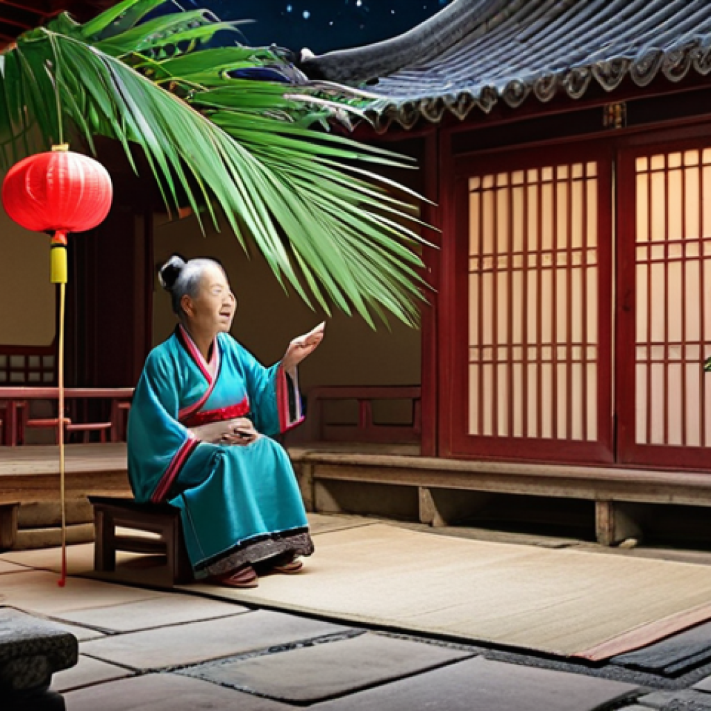 **Image Prompt:** A grandmother in a traditional Chinese setting, perhaps a courtyard at night, telling stories to children under a starry sky. She is fanning herself with a palm leaf fan. The scene should evoke a sense of nostalgia, warmth, and the magic of oral storytelling traditions.  Consider adding elements of Chinese folklore or mythical creatures subtly into the background.