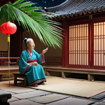 **Image Prompt:** A grandmother in a traditional Chinese setting, perhaps a courtyard at night, telling stories to children under a starry sky. She is fanning herself with a palm leaf fan. The scene should evoke a sense of nostalgia, warmth, and the magic of oral storytelling traditions.  Consider adding elements of Chinese folklore or mythical creatures subtly into the background.