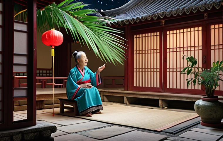 **Image Prompt:** A grandmother in a traditional Chinese setting, perhaps a courtyard at night, telling stories to children under a starry sky. She is fanning herself with a palm leaf fan. The scene should evoke a sense of nostalgia, warmth, and the magic of oral storytelling traditions.  Consider adding elements of Chinese folklore or mythical creatures subtly into the background.