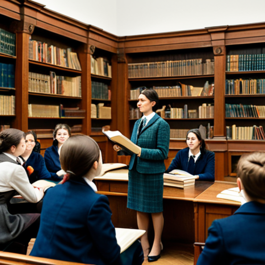 A female history professor in a tweed suit, lecturing in a university hall filled with diverse students, surrounded by bookshelves and historical artifacts, fully clothed, appropriate attire, safe for work, perfect anatomy, natural proportions, professional academic setting, high quality.