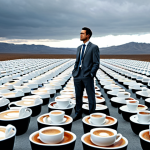 **Corporate Dreamscape:** A lone office worker, fully clothed in a drab grey suit, stands in a vast, surreal landscape composed of giant spreadsheets and overflowing coffee cups. The sky is a blurred PowerPoint presentation. Perfect anatomy, correct proportions, natural pose, professional lighting, safe for work, appropriate content, fully clothed, family-friendly.