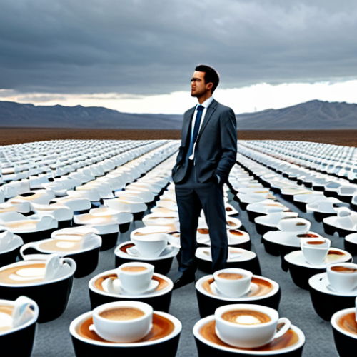 **Corporate Dreamscape:** A lone office worker, fully clothed in a drab grey suit, stands in a vast, surreal landscape composed of giant spreadsheets and overflowing coffee cups. The sky is a blurred PowerPoint presentation. Perfect anatomy, correct proportions, natural pose, professional lighting, safe for work, appropriate content, fully clothed, family-friendly.