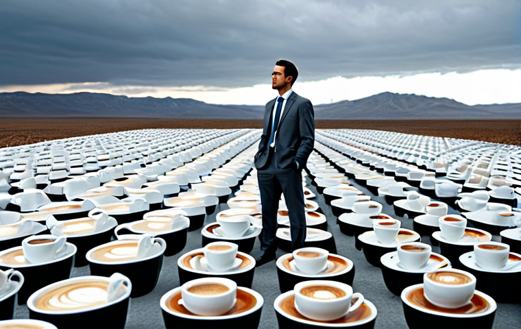 **Corporate Dreamscape:** A lone office worker, fully clothed in a drab grey suit, stands in a vast, surreal landscape composed of giant spreadsheets and overflowing coffee cups. The sky is a blurred PowerPoint presentation. Perfect anatomy, correct proportions, natural pose, professional lighting, safe for work, appropriate content, fully clothed, family-friendly.