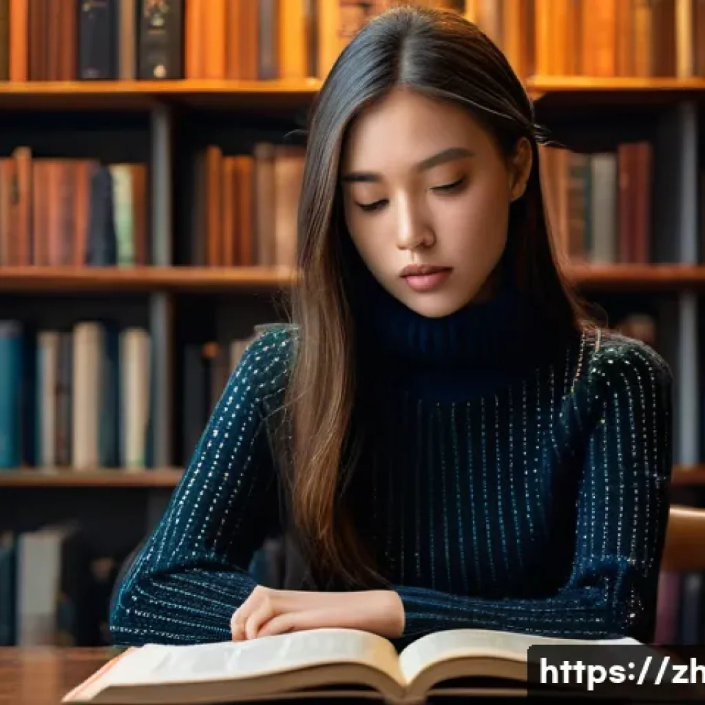 문학 비평 이론 - **Prompt:** A young, intellectually curious woman, wearing a stylish yet modest turtleneck sweater, ...