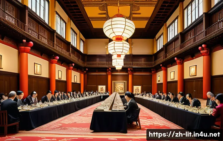 문학상과 문학적 권위 - A sophisticated literary award ceremony scene set in a grand hall with diverse judges including writ...