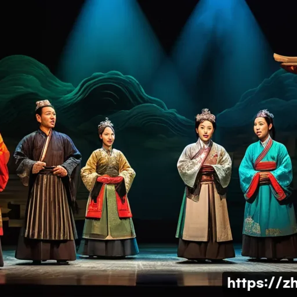 문학과 연극의 상관관계 - A vibrant modern theater stage scene showing actors performing a dramatic adaptation of a classic Ch...