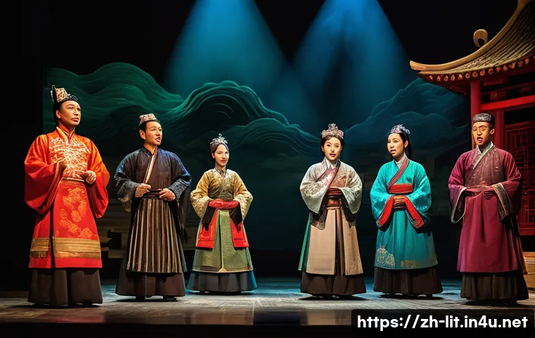 문학과 연극의 상관관계 - A vibrant modern theater stage scene showing actors performing a dramatic adaptation of a classic Ch...