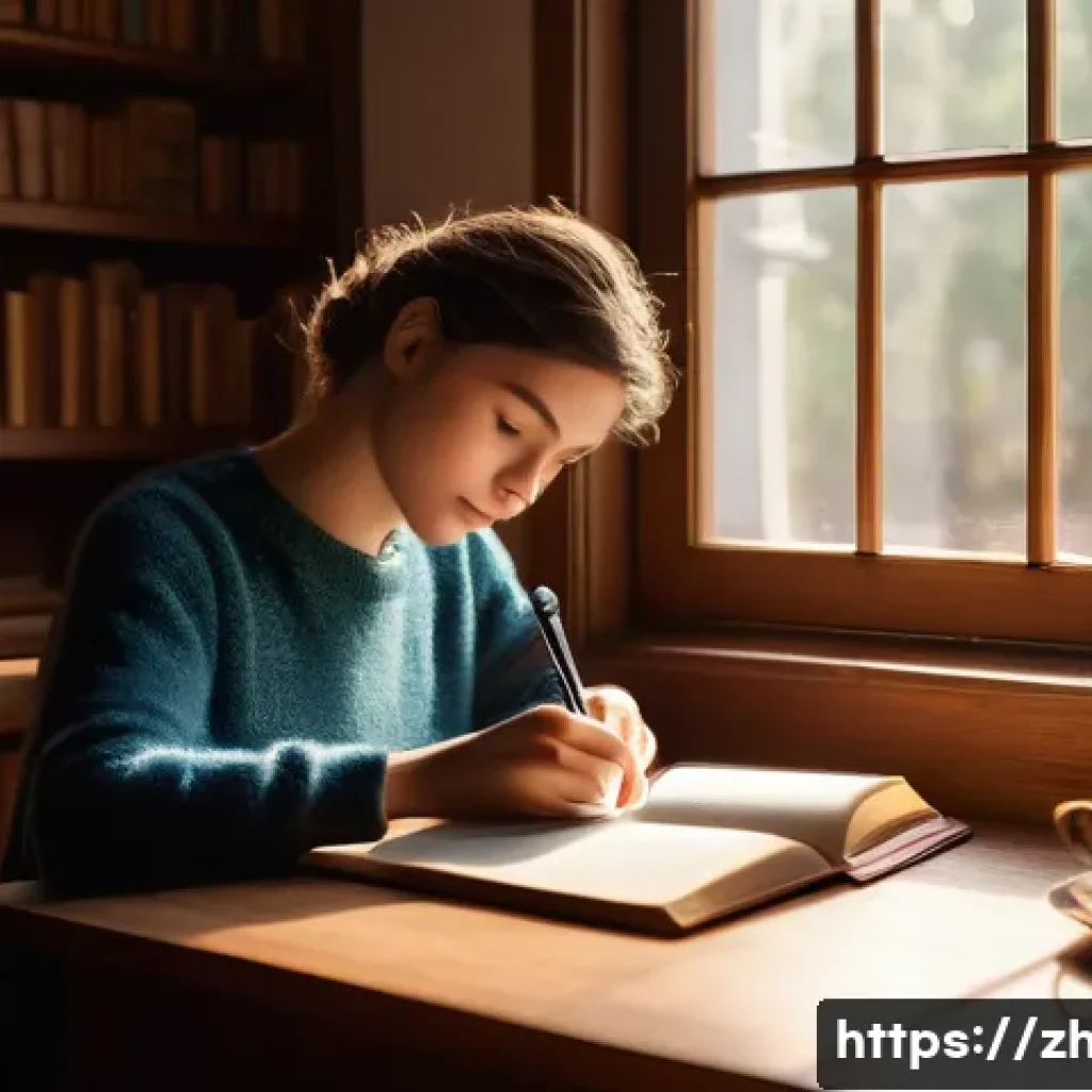 서사적 관점 연구 - A cozy indoor scene depicting a young adult writing at a wooden desk by a window, sunlight streaming...