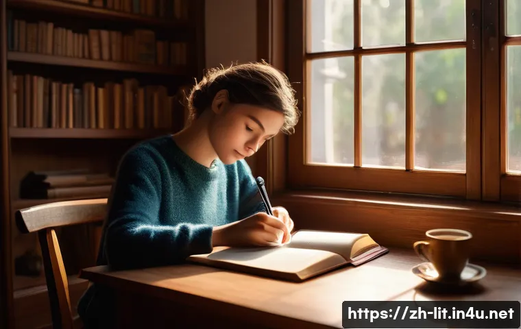 서사적 관점 연구 - A cozy indoor scene depicting a young adult writing at a wooden desk by a window, sunlight streaming...