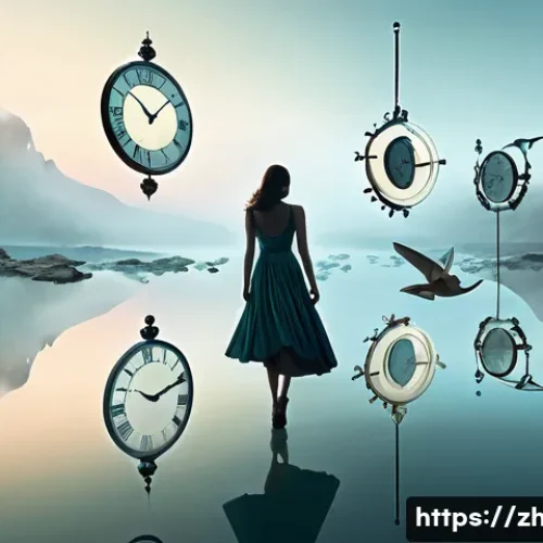 초현실주의 문학 - A surreal dreamscape featuring floating fragmented clocks and shattered mirrors suspended mid-air ov...