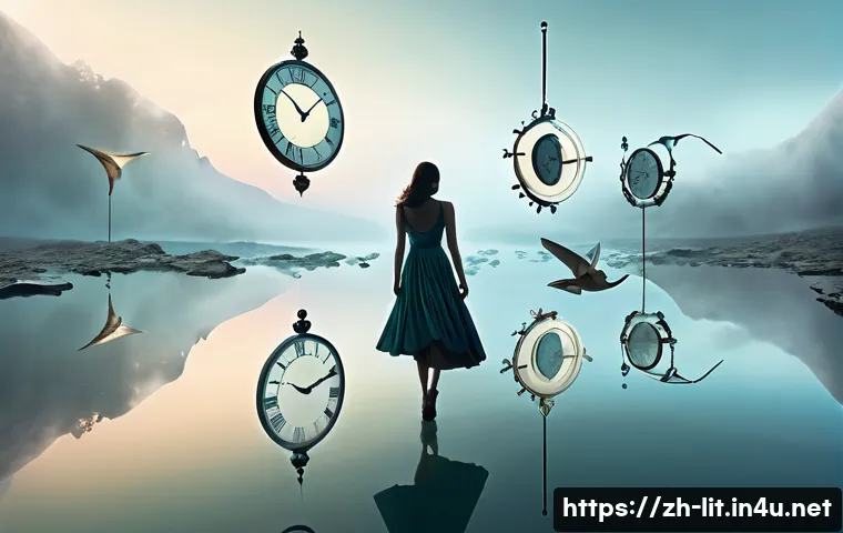 초현실주의 문학 - A surreal dreamscape featuring floating fragmented clocks and shattered mirrors suspended mid-air ov...