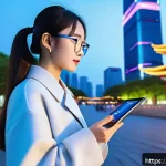 한중 문학 교류 - A vibrant digital reading scene set in a modern Chinese urban environment, showcasing a young adult ...