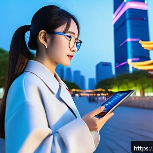 한중 문학 교류 - A vibrant digital reading scene set in a modern Chinese urban environment, showcasing a young adult ...