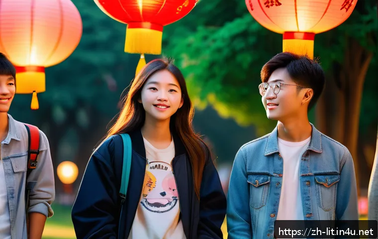 청소년 문학의 특징 - A vibrant and emotionally rich scene depicting a diverse group of Chinese teenagers in a modern urba...