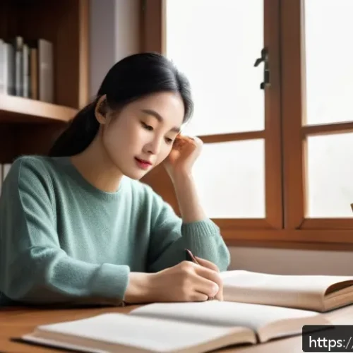 문학에서의 윤리 문제 - A thoughtful Asian female writer sitting at a wooden desk in a modern cozy room, surrounded by books...