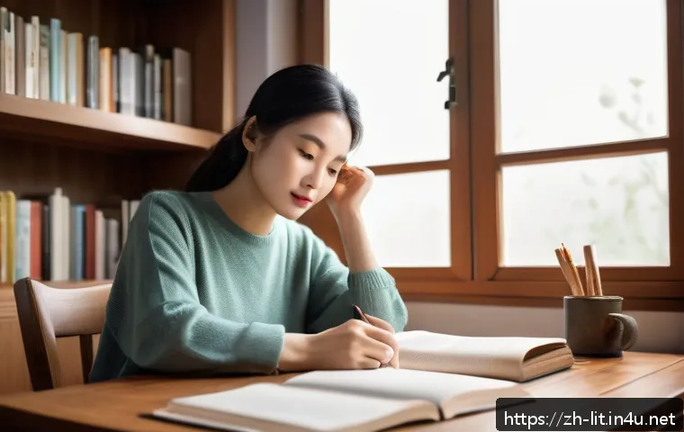 문학에서의 윤리 문제 - A thoughtful Asian female writer sitting at a wooden desk in a modern cozy room, surrounded by books...