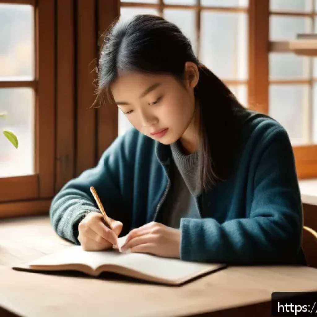 내러티브 이론 - A warm, inspiring scene of a young adult sitting at a cozy desk by a window, writing in a journal wi...
