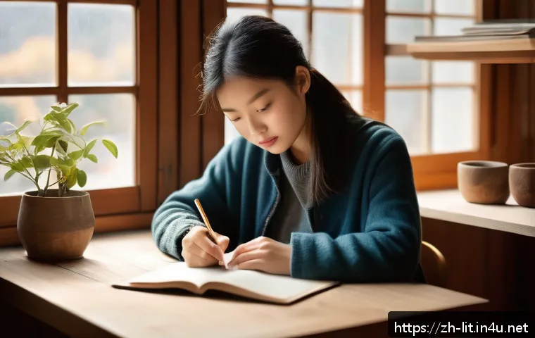 내러티브 이론 - A warm, inspiring scene of a young adult sitting at a cozy desk by a window, writing in a journal wi...