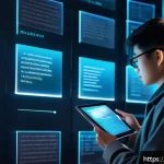 21세기 문학 트렌드 - A futuristic digital library scene showcasing a young adult reading an interactive novel on a sleek ...