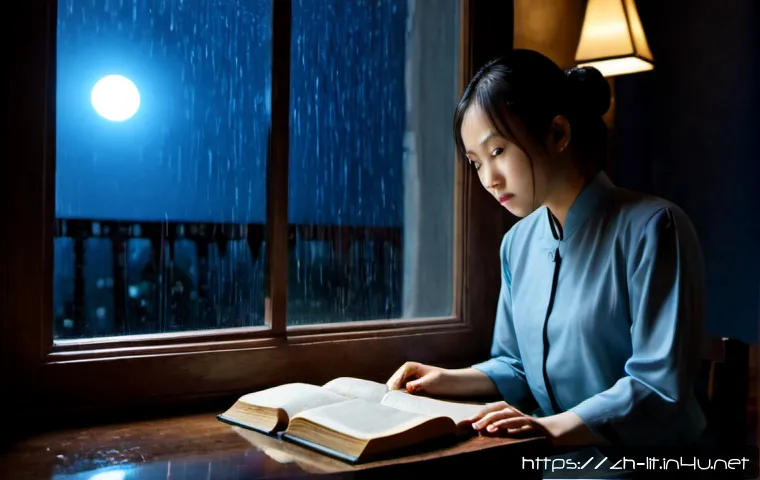 공포 문학의 심리적 요소 - Photorealistic psychological horror scene, a solitary reader seated beside a rain-streaked window at...
