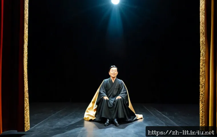 비극과 희극의 차이 - Photorealistic split-scene theater dressing room, on the left a solitary actor in dark formal costum...